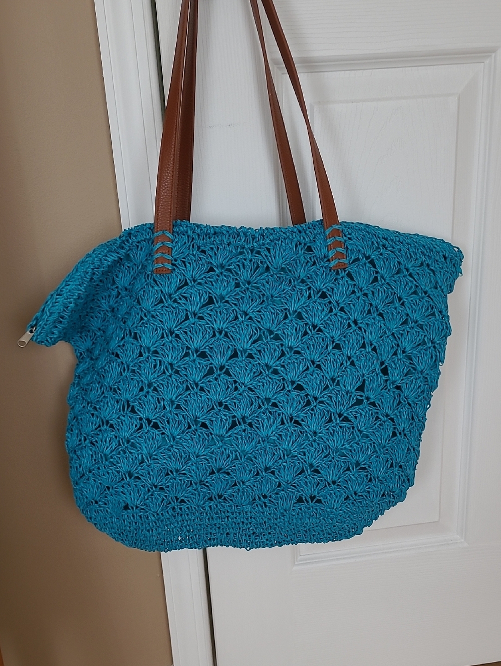 Dress Barn Turquoise Crochet Tote with Brown Straps